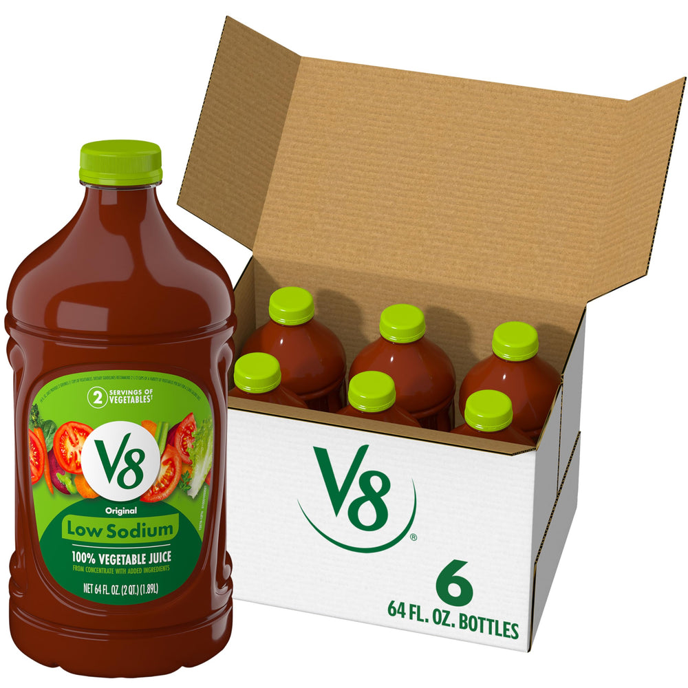 V8 Low Sodium Original 100% Vegetable Juice bottle showing savory blend