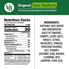 V8 Low Sodium Original label packaging, gluten free and non GMO with no added sugar