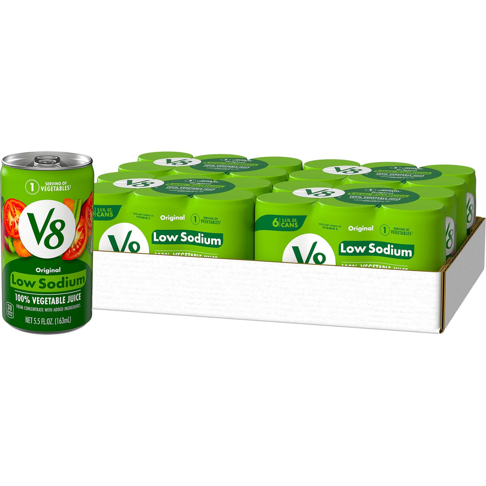 V8 Low Sodium can front view, eight-vegetable blend for daily nutrition.