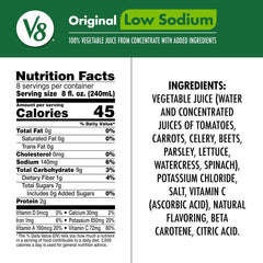 V8 Low Sodium Original being poured, a healthier veggie juice option