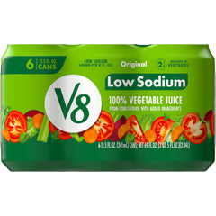 V8 Original 100% vegetable juice can on table showing vitamin rich serving
