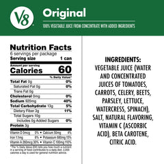 V8 Original six-pack packaging, convenient on-the-go veggie juice