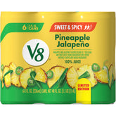 V8 Pineapple Jalapeno can front showing bold juice blend for breakfast