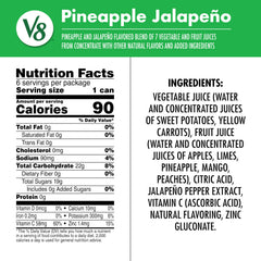 V8 Pineapple Jalapeno label close-up highlighting ingredients and spicy kick