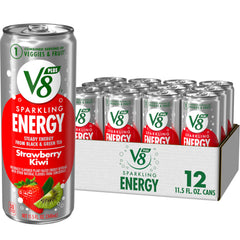 V8 +SPARKLING ENERGY can with strawberry kiwi flavor, a refreshing plant-based energy boost.