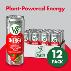 V8 +SPARKLING ENERGY tea caffeine source label, natural energy reference.