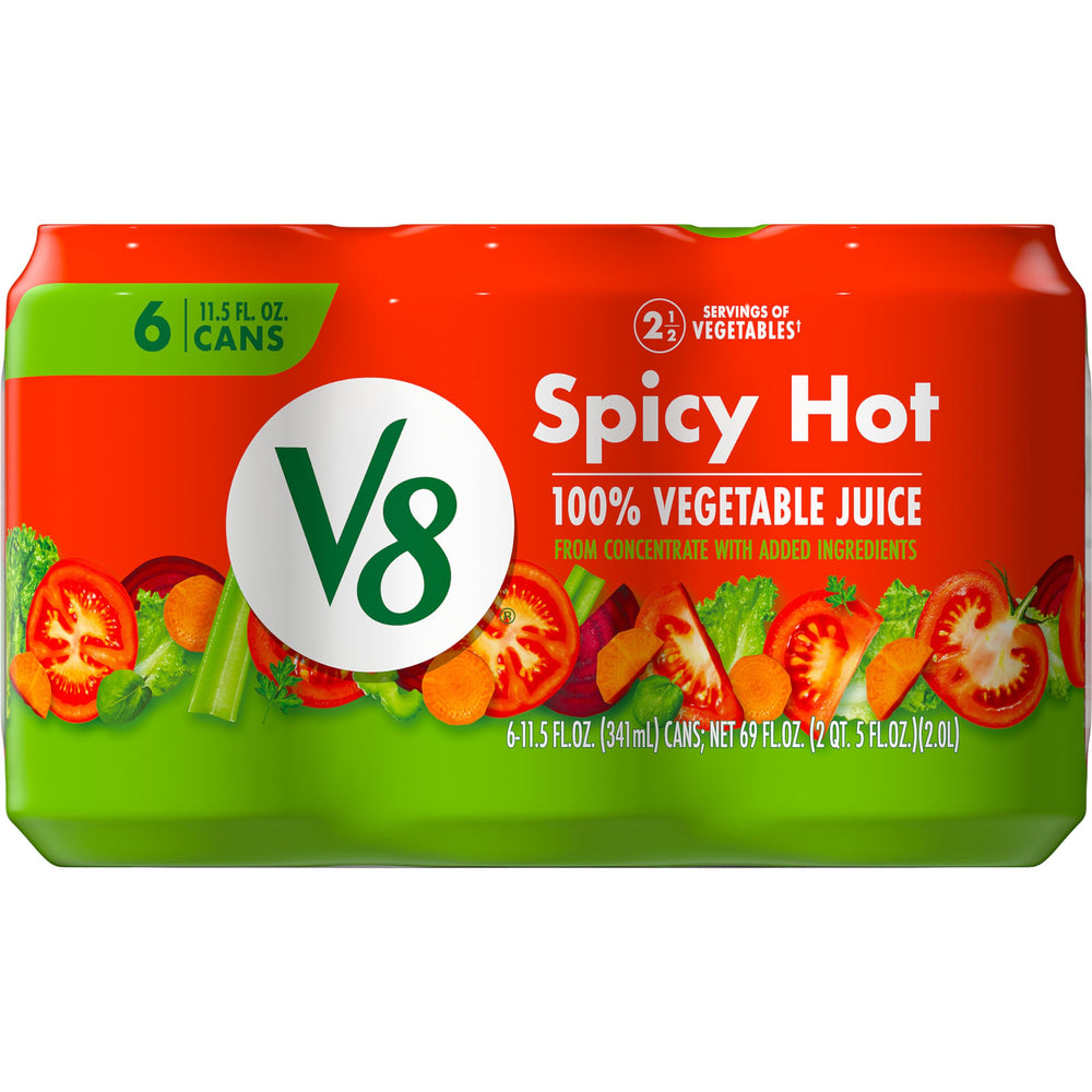 V8 Spicy Hot juice can front showcases bold branding and grab-and-go convenience.