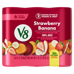 V8 Strawberry Banana six-pack cans offering a quick veggie and fruit boost