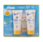VACATION Classic Lotion SPF 50 bottle showing dermatologist-tested sun protection.
