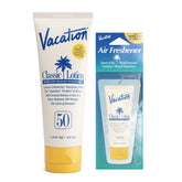 Vacation Classic Sunscreen bottle on towel showing broad spectrum SPF 50 protection for all skin tones.