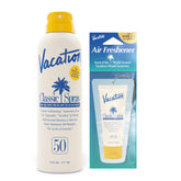 Vacation Classic Sunscreen Spray bottle delivering non-greasy SPF 50 protection for all skin tones.