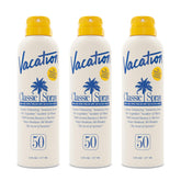 VACATION Classic Sunscreen Spray SPF 50 bottle delivering invisible protection on skin.