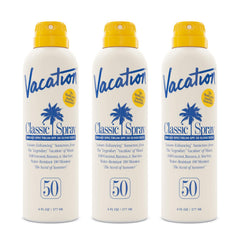 VACATION Classic Sunscreen Spray SPF 50 bottle delivering invisible protection on skin.