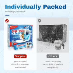 Vacplus descaler tablet closeup highlighting mineral deposit removal for a smoother flush.