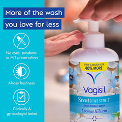 Vagisil coconut hibiscus ingredients listing showcases dye-free, hypoallergenic care.