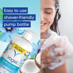 Vagisil feminine wash coconut hibiscus label highlighting pH-balanced formula.
