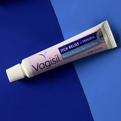 Vagisil LactoPrebiotic graphic emphasizing skin-support and odor-block technology
