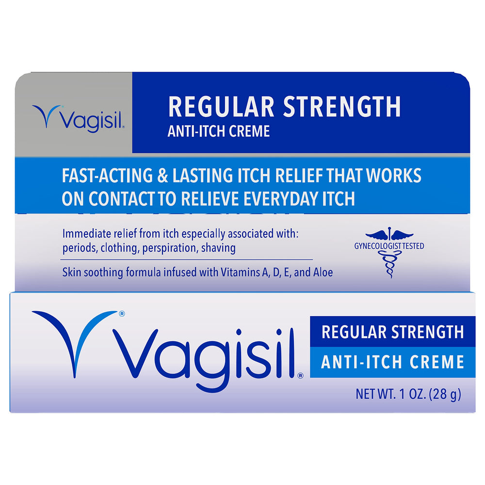 Vagisil Regular Strength Anti-Itch Cream tube close-up showing fast relief for vaginal itching