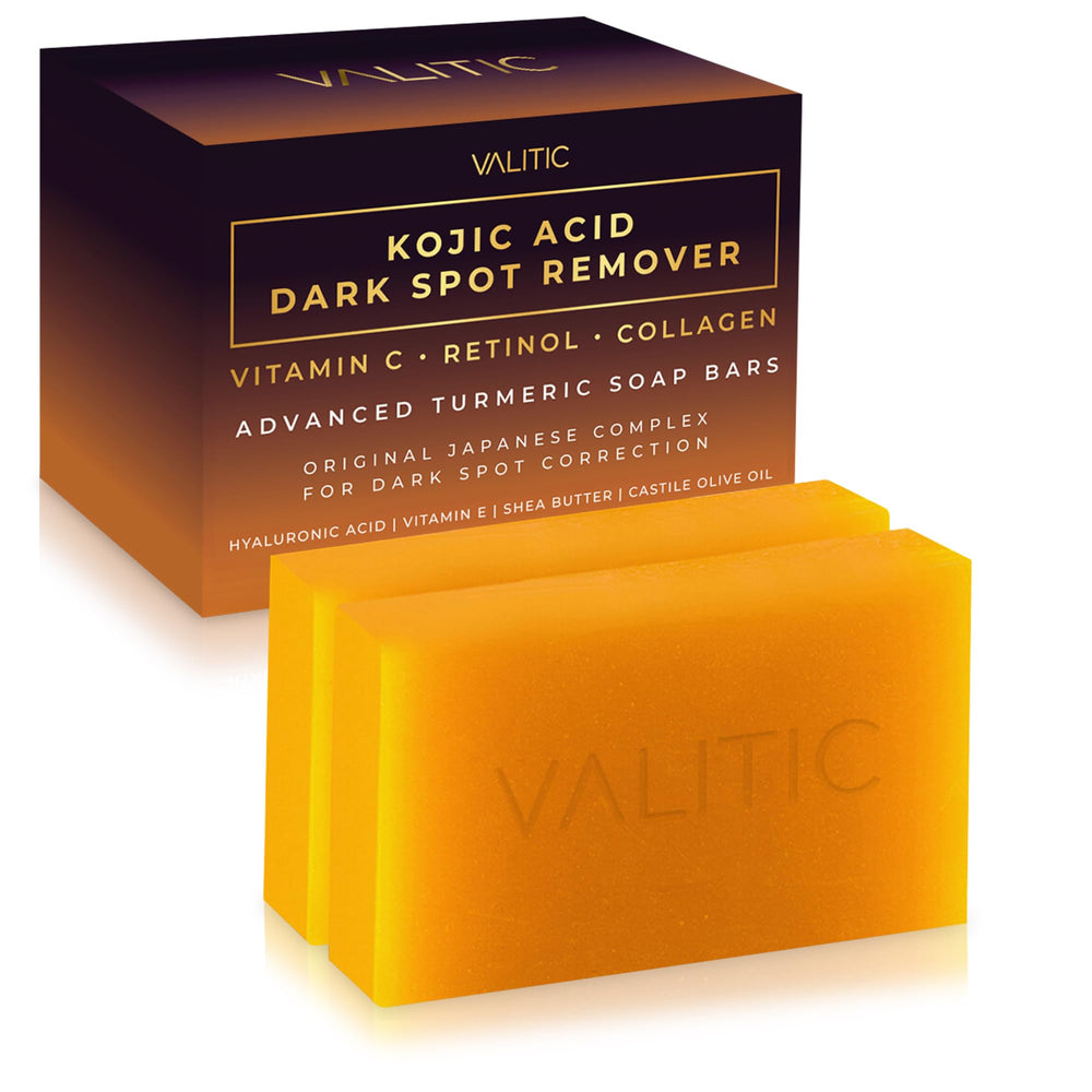VALITIC Kojic Acid Dark Spot Soap Bar packaging for a two-pack routine, promoting even tone.
