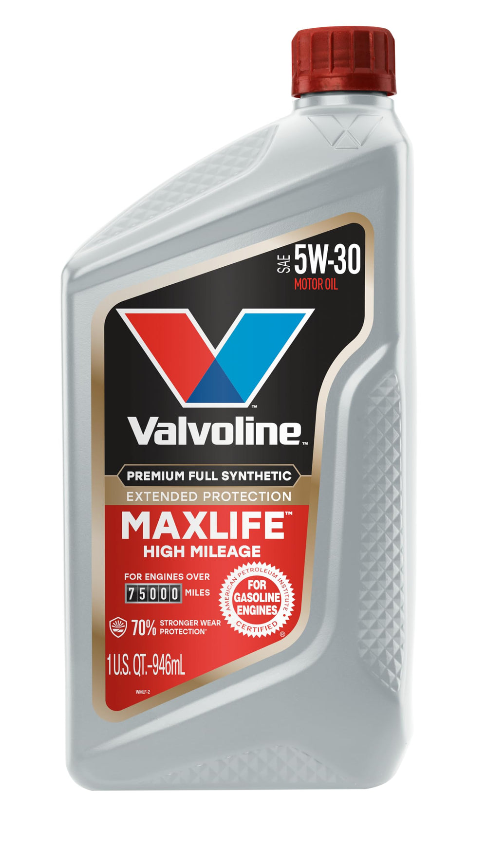 Valvoline MaxLife 5W-30 bottle highlighting high-mileage engine protection.