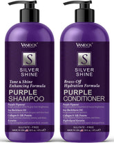 VanidoX sulfate-free purple shampoo bottle showing cool-tone shine on silver hair.