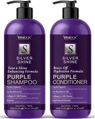 VanidoX sulfate-free purple shampoo bottle showing cool-tone shine on silver hair.