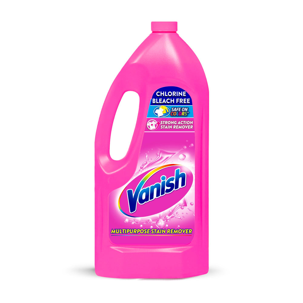 Vanish pink stain remover bottle front shows color-safe stain removal in action