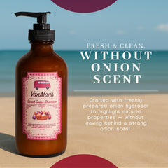 Ingredients scene highlighting organic olive oil, honey, chamomile and onion hydrosol.