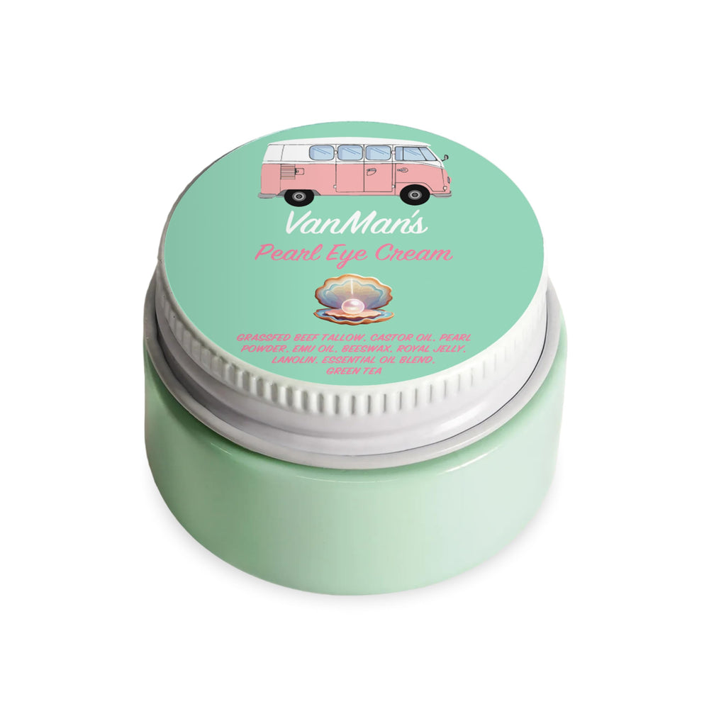 The VanMan Pearl Eye Cream tube closeup promises rich moisture for under-eye comfort.