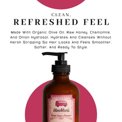 Creamy lather close-up reveals soft, manageable hair after use.