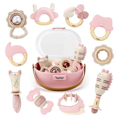 Vanplay 10-piece pink sensory rattle set boosts early exploration.