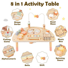 Vanplay 8-in-1 activity table featuring fishing game for precise motor control.