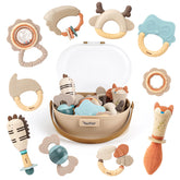 Vanplay 10-piece baby rattles and teethers set in soft silicone for early sensory play.