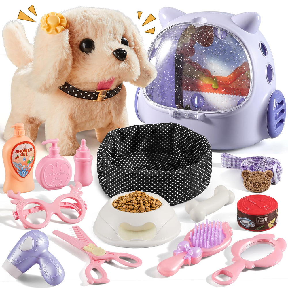 Vanvimen robot dog backpack playset supports portable pretend pet care.