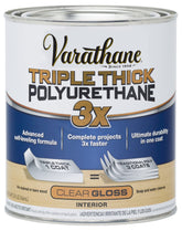 Varathane Triple Thick gloss bottle shows a high-sheen interior wood finish