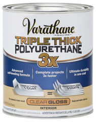Varathane Triple Thick gloss bottle shows a high-sheen interior wood finish