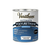 Varathane Ultimate polyurethane bottle close-up, crystal-clear protection for interior wood surfaces.