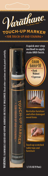 Varathane wood stain touch-up marker cap close-up for precise color matching on dark walnut espresso.