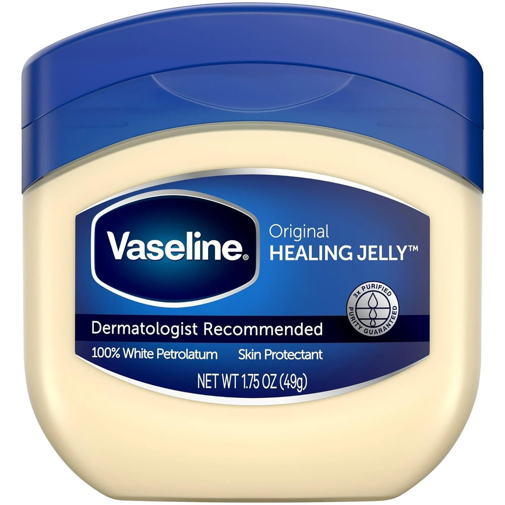 Vaseline jar front view showing 100% pure petroleum jelly for everyday moisture.