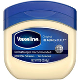 Vaseline jar front view showing 100% pure petroleum jelly for everyday moisture.