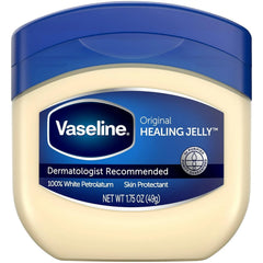 Vaseline jar front view showing 100% pure petroleum jelly for everyday moisture.