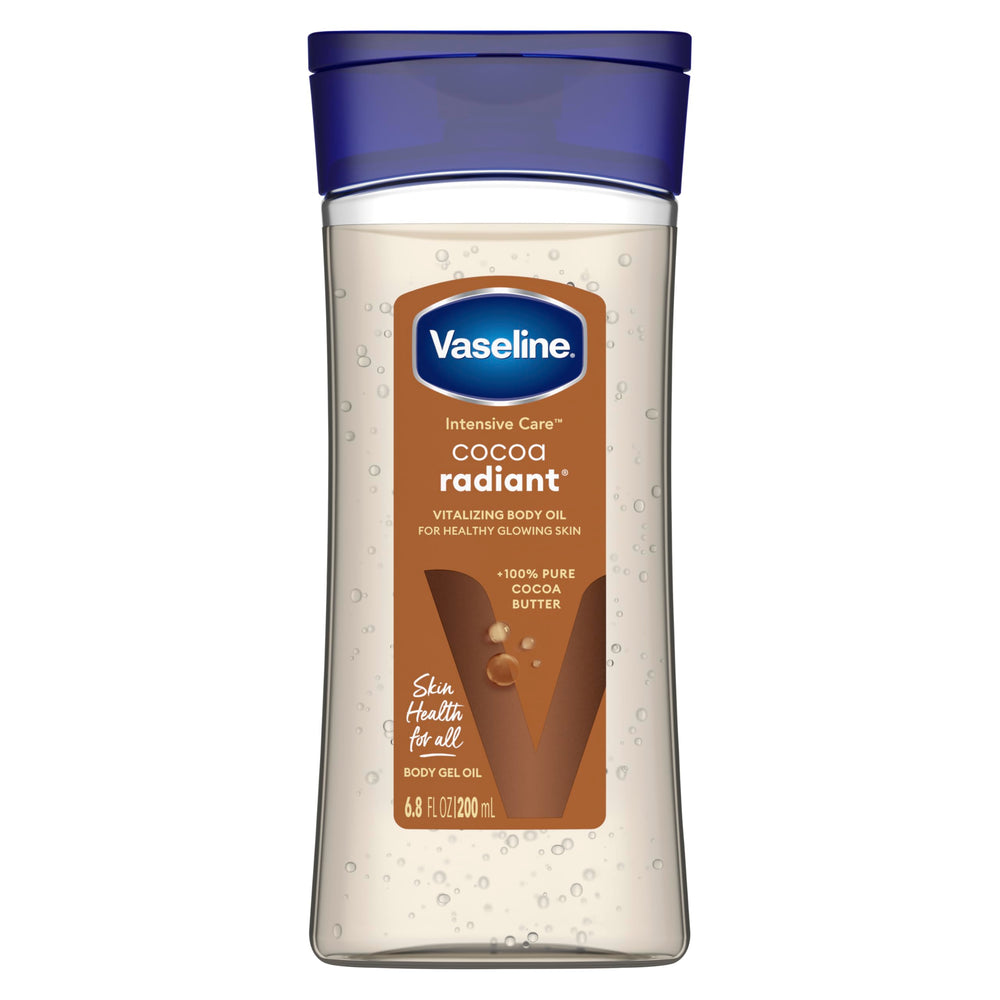 Vaseline Cocoa Radiant bottle pouring oil for smooth, glowing skin