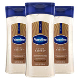 Vaseline Cocoa Radiant bottle shows cocoa butter for deep hydration