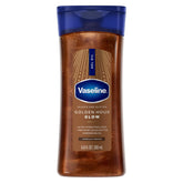 Vaseline Glazed & Glisten bottle with golden hour shimmer for radiant skin.