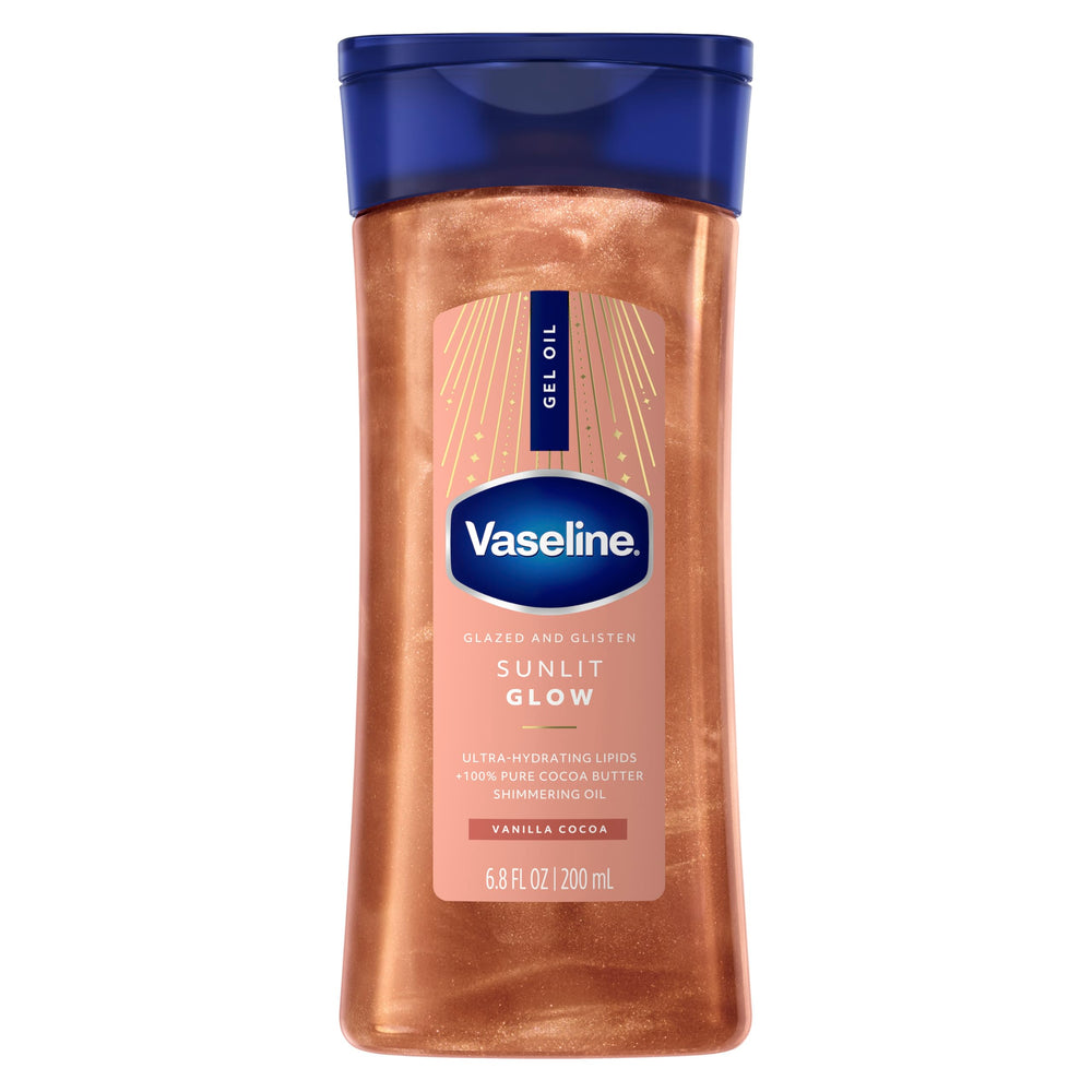 Vaseline Glazed and Glisten bottle glows with sunlit shimmer for radiant skin.