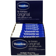 Vaseline Lip Original 12-pack box front for on-the-go hydration.