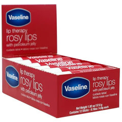 Vaseline Lip Therapy Rosy packaging box for easy stash at home or on the go