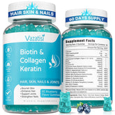 Vazatisi biotin gummies bottle close-up highlighting collagen-keratin blend for daily beauty