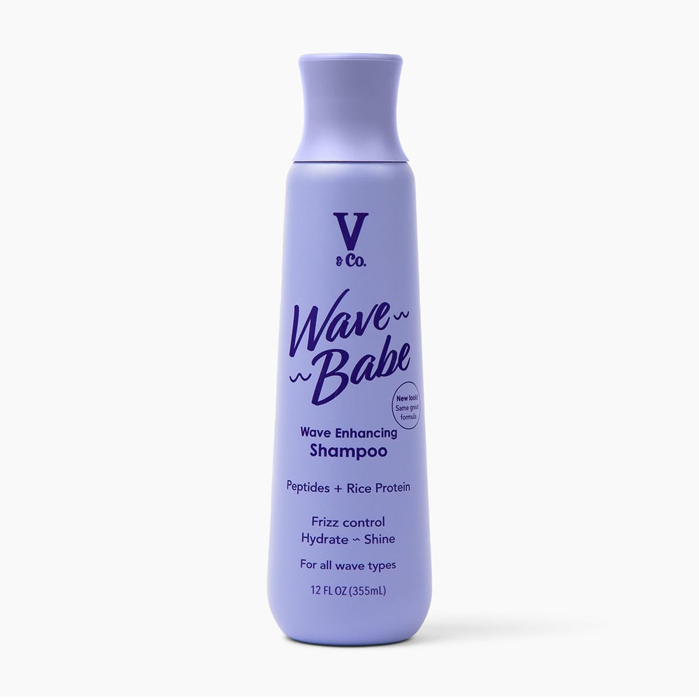 V&Co Wave Babe shampoo bottle highlighting hydrating formula for defined waves.