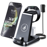 VCVS 36W charger front view powering phone, watch, and earbuds